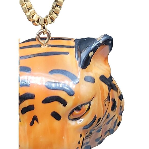 Tiger Head Pendant Necklace 22" Gold Plated Box Chain Handmade Large Statement - Picture 12 of 16